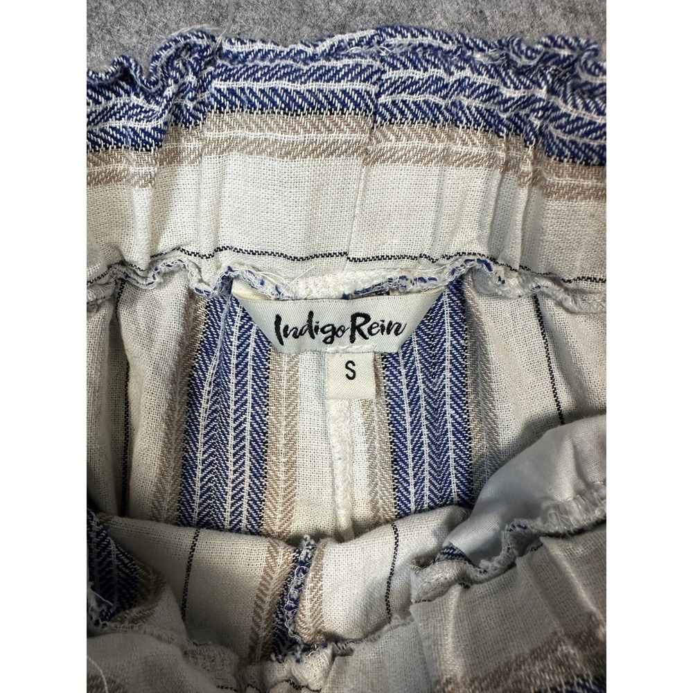 Indigo Rein Womens Small Linen Stripe Tie Waist Wide Leg Pants Blue Tan White - Picture 3 of 7